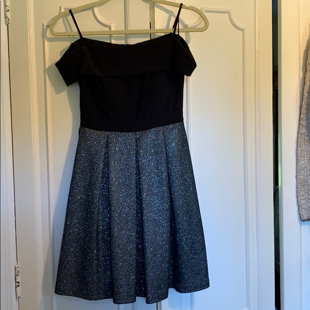 Morgan & Co dress.Black off shoulder silver skirt